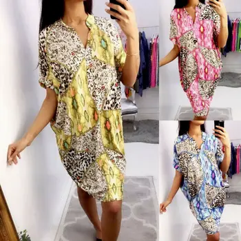 

hirigin Women's Short Bat Sleeve Leopard V Neck Patchwork Fashion Casual Loose Mini T-shirt Dress Long Tops Oversize