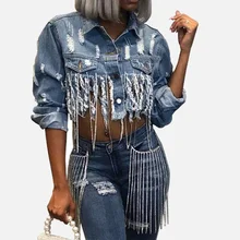 

Tassel Ripped Cropped Jean Jacket Women Autumn Vintage Chain Long Sleeve Denim Jacket Streetwear Short Denim Coat Female Outwear