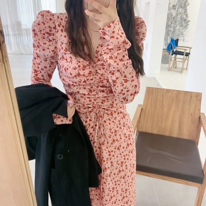 

2020 New Spring And Autumn Female French Style Thin Stalk Orange Spring High Waist Spring And Autumn Chiffon Floral Dress Summer
