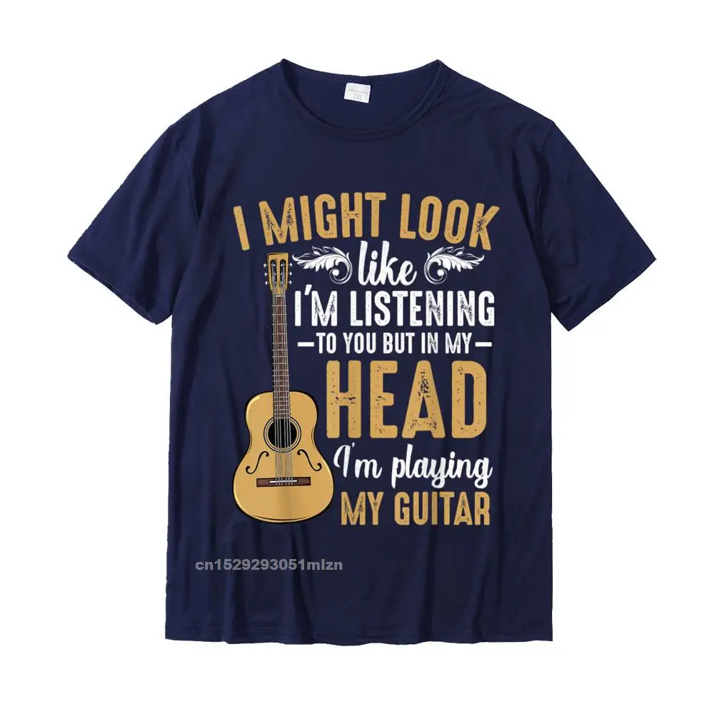 Geek Tshirts for Adult Printed April FOOL DAY Tops Shirt Short Sleeve Fashion Normal Tee-Shirts Crewneck Pure Cotton I Might Look Like Im Listening To You Funny Music Guitarist T-Shirt__4742 navy
