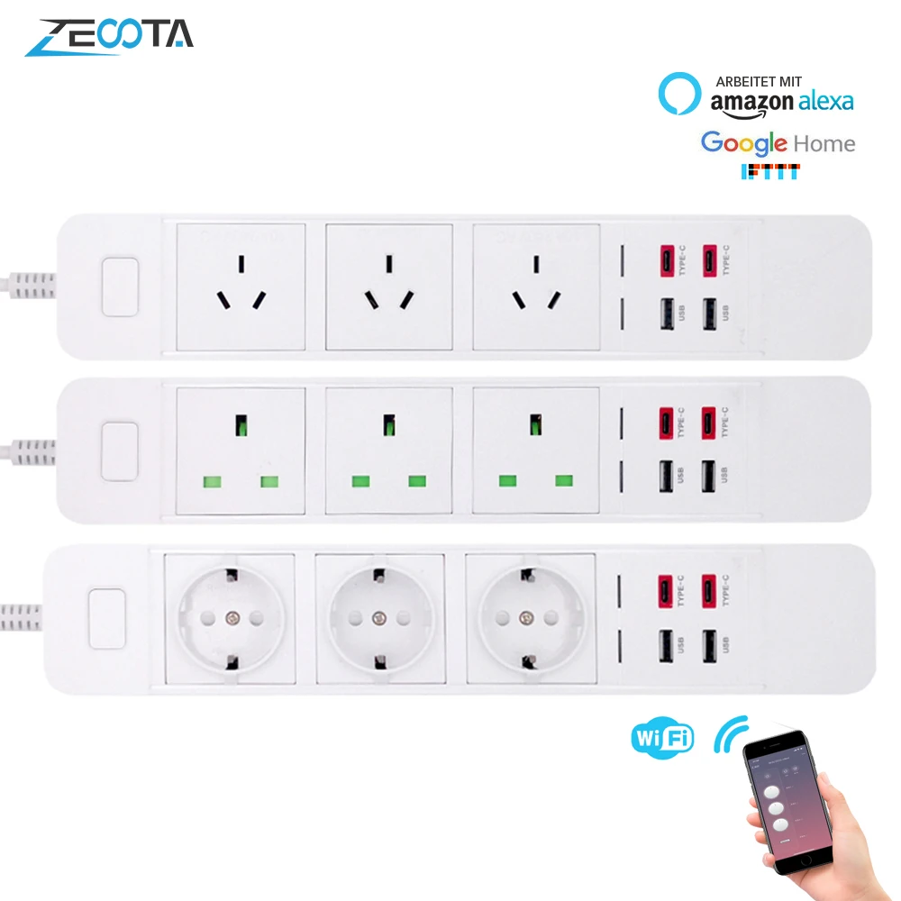 WiFi умная розетка удлинитель с USB тип c защитой от перенапряжения интеллектуальная
