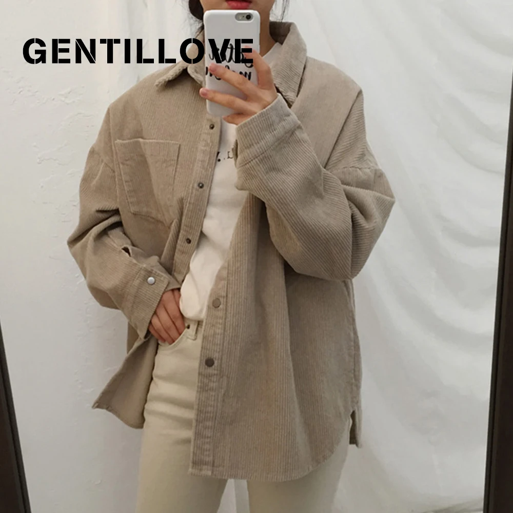 Женские вельветовые куртки Gentillove пальто размера плюс на осень и зиму однотонная