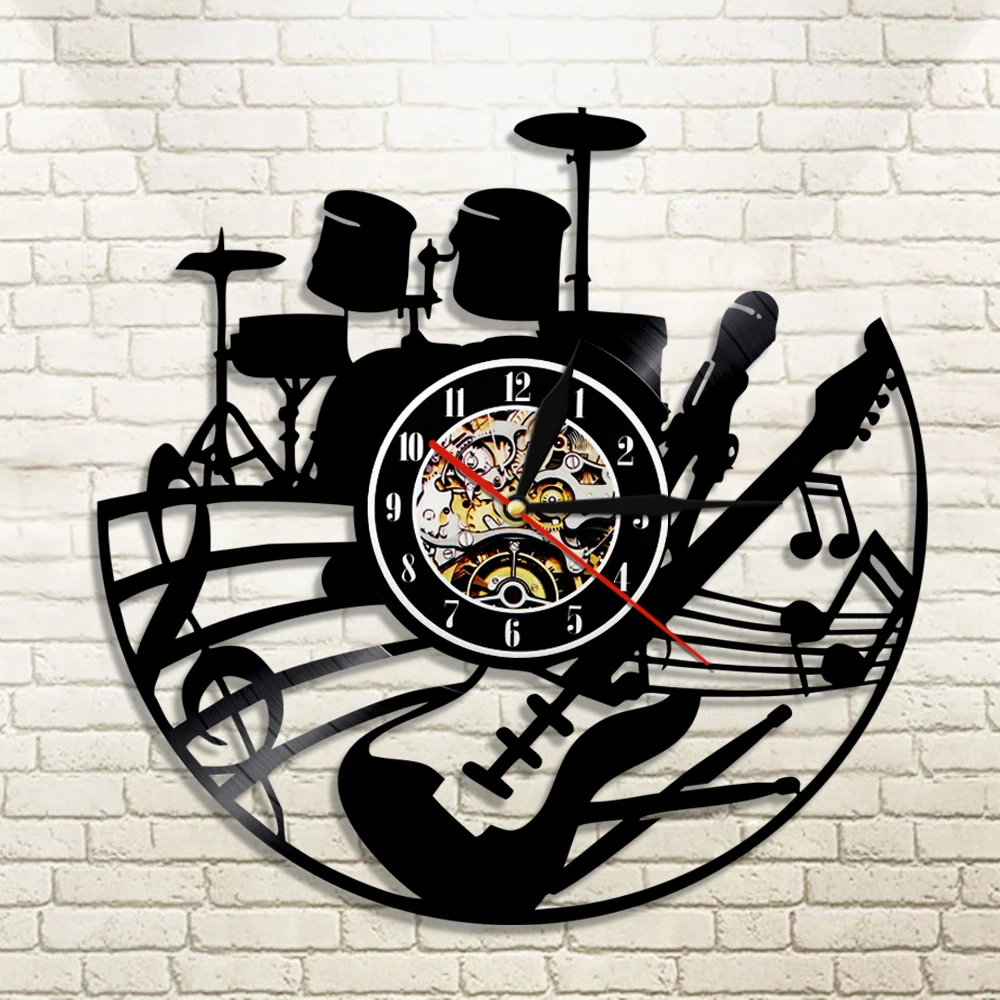 Гитарные и барабанные комплекты Настенные часы гитарный проигрыватель музыка Виниловая пластинка часы рок музыкальный инструмент, Гитара настенное искусство Рок н рок подарок