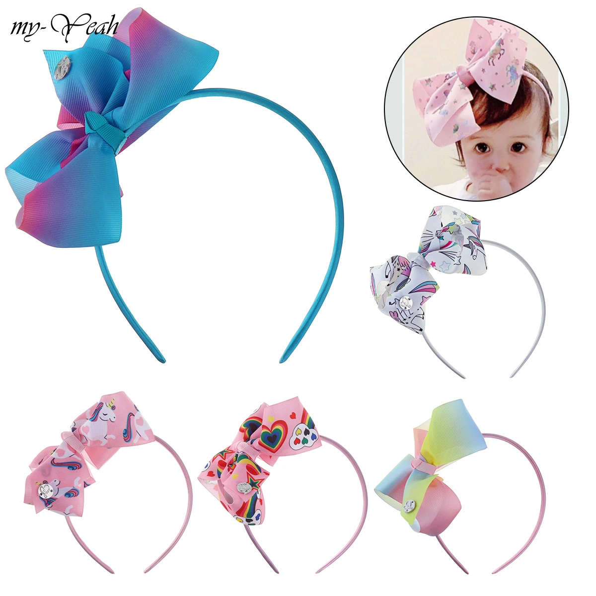 Вязаная головная повязка с единорогом и бантом для детей; милая разноцветная повязка для волос; головные уборы для дня рождения; аксессуары для волос