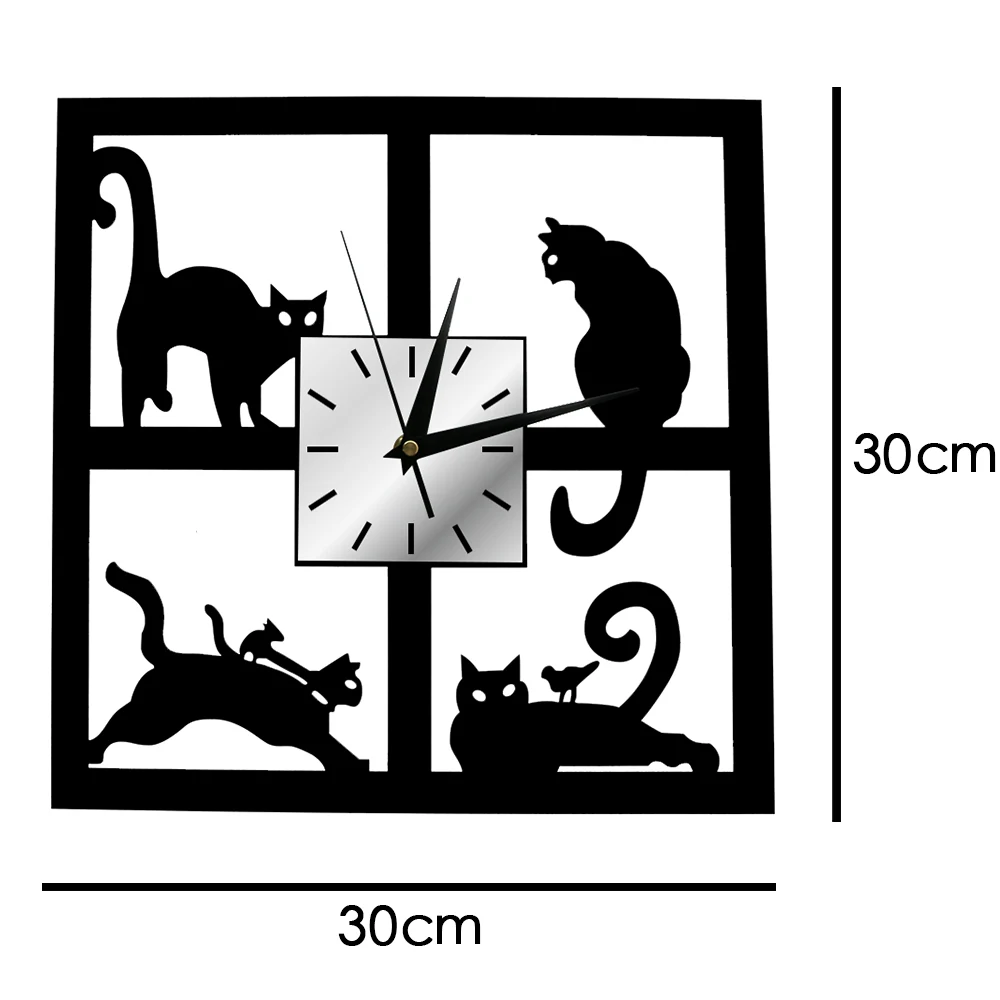 Четыре кошки Тихий развертки кварцевые деревянные настенные часы милые кошки в окно 3D черный котенок Экологичные натуральные квадратные наручные часы Saat