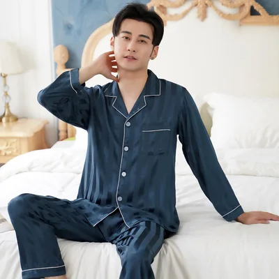 Pajamas men's spring and autumn thin ice silk pajamas men's long-sleeved summer men's pajamas short-sleeved home service suits red plaid pajama pants