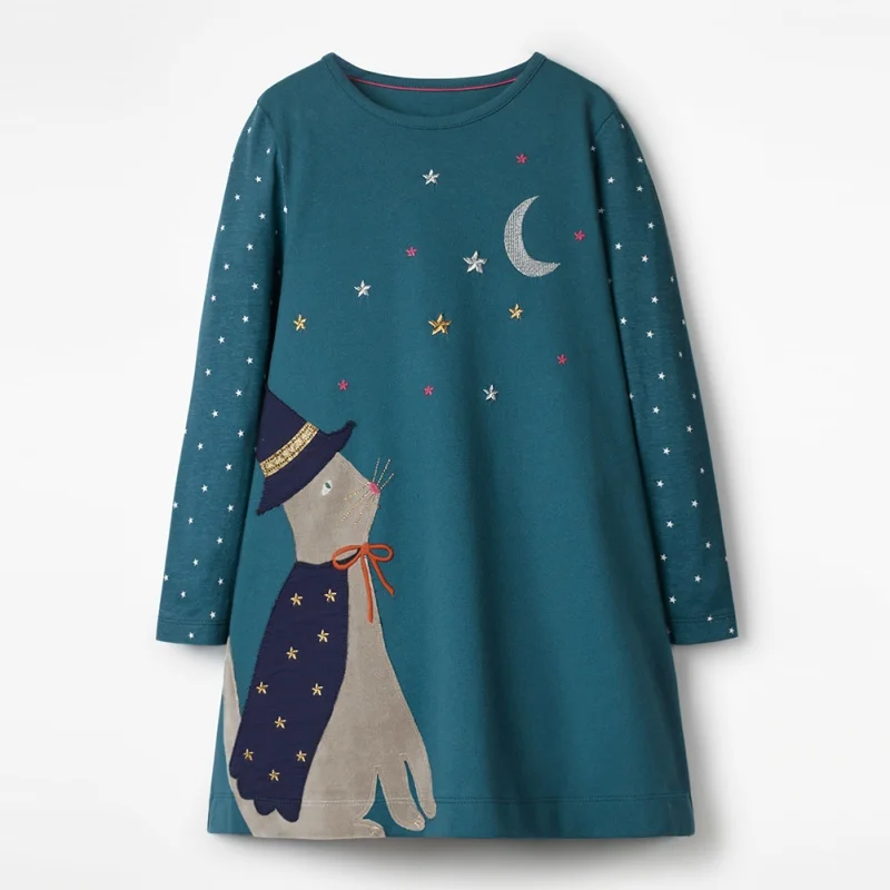 

Children Spring Autumn Girls Cartoon Printed Knit Cotton Long Sleeve Round Collar Casual Dress