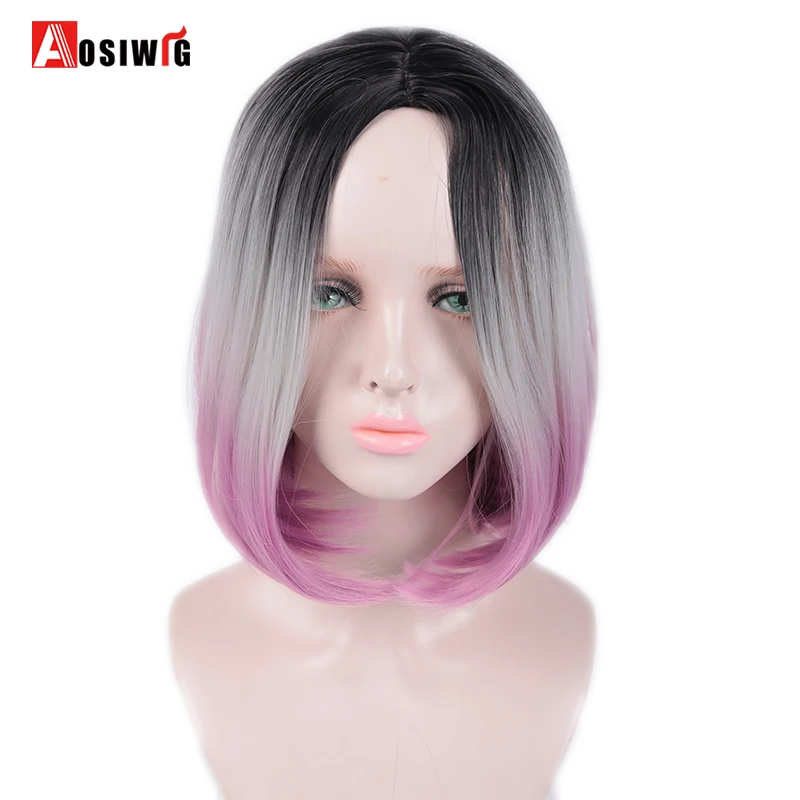 

AOSI Two Tones Ombre Gray Pink Wig 14" Short Silky Straight Synthetic Hair Wig for Women Heat Resistant Bob Afircan American