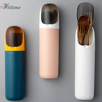 

OYOURLIFE Creative Wall Mounted Dust-proof Tableware Holder Kitchen Chopsticks Fork Spoon Drain Drying Rack Cutlery Organizer