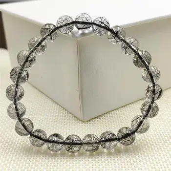 

7.5mm Natural Black Rutilated Quartz Clear Round Beads Bracelet Women Men Fashion Best Stone Wealthy Stone AAAAA