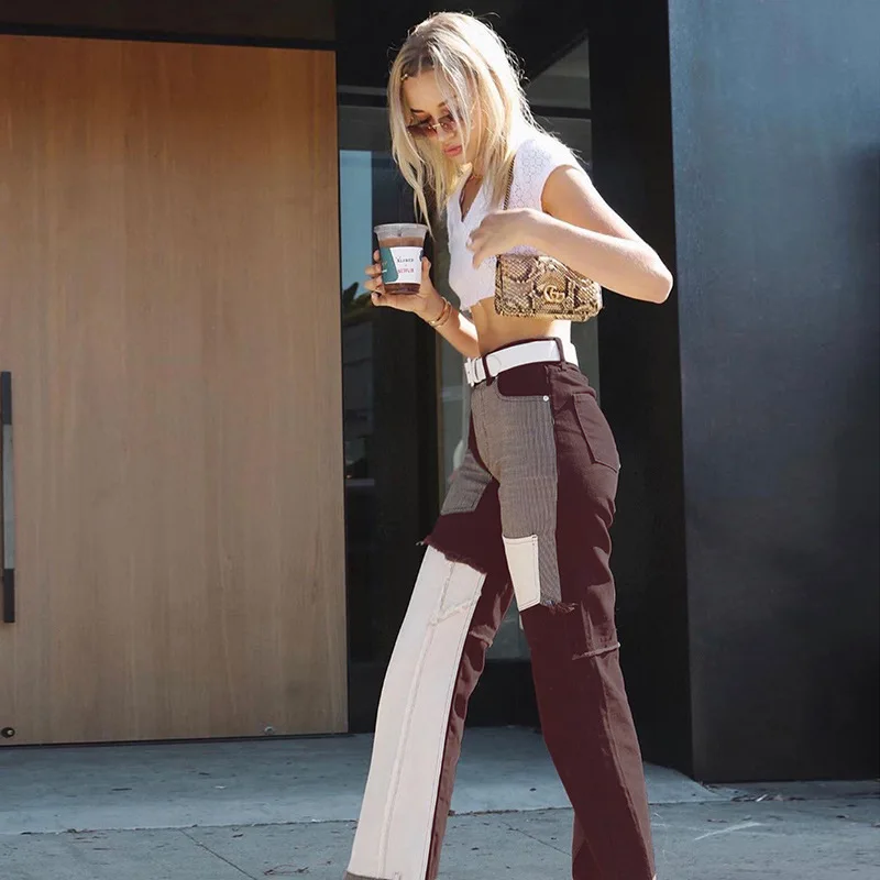 

Paris Girl Color Block Jeans Autumn Winter High Waist Fashion Straight Casual Pants Streetwear Women Long Denim Trousers
