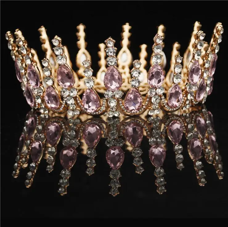 Pink/Gold/Silver Crystal Tiaras Baroque Round Crown Classic Royal Queen King Crowns Diadem Prom Wedding Hair Jewelry Accessories | Свадьбы и