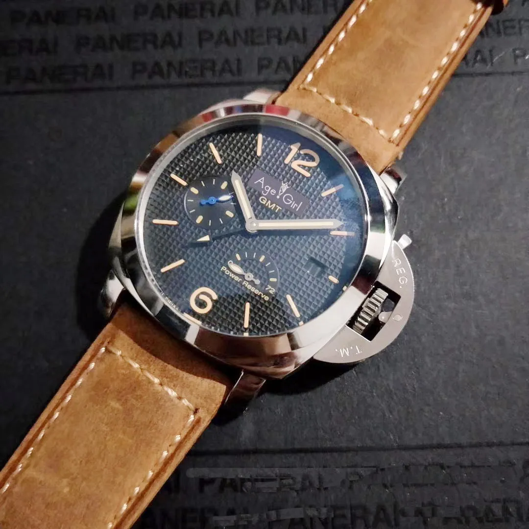 

Famous Brand New Men Automatic Mechanical Sapphire Stainless Steel Brown Leather 1950 3 Days GMT Power Reserve Watch Luminous