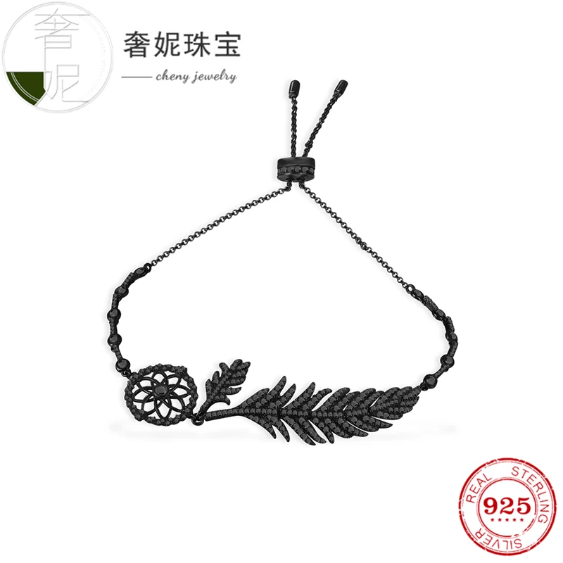 Cheny fit s925 Серебряный браслет черного золота Цвет Браслет Листья Форма с кристаллом модные роскошные украшения для женщин