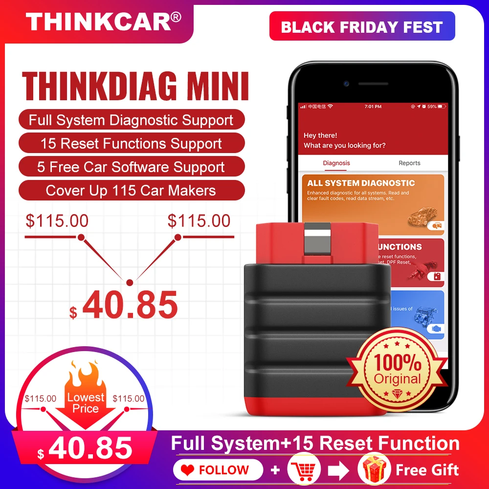 

THINKCAR Thinkdiag Mini OBD2 Scanner Professional Bluetooth Diagnostic Tool 15 Reset Service Easydiag OBD 2 Automotive Scanner