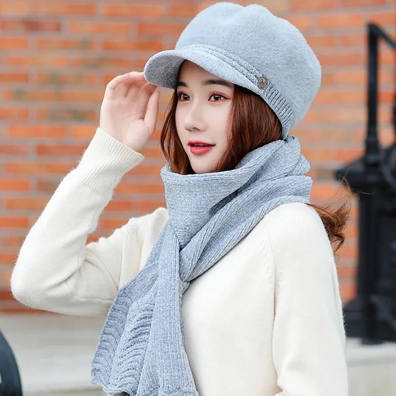 HANGYUNXUANHAO Women French Beret Hat Scarf Set Winter Warm Lady Hat Chenille Elegant Beanie Cap