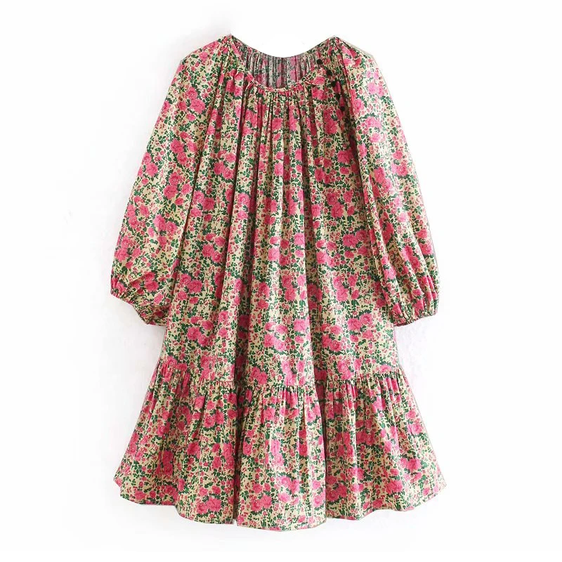Vintage O Neck Loose Dress Women Floral Print Lantern Long Sleeve Chic Short Dresses 2020 Spring Casual Pleated Mini | Женская одежда