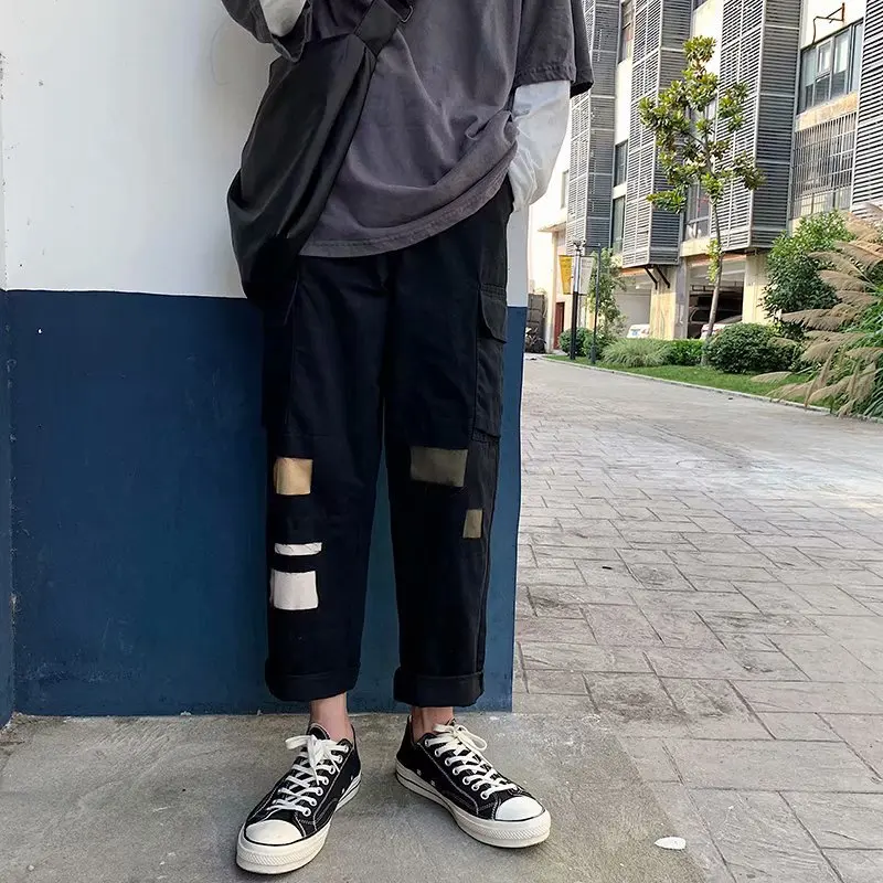 ICCLEK Autumn New Multi-pocket Overalls Men's Loose Straight-leg Pants Casual Pants Straight Cut Checkered Pants for Men