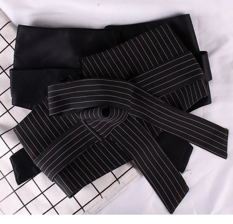 Необычный широкий костюм тканевый корсет на ремешке для женщин с галстуком-бабочкой на талии модный осенний женский черный полосатый пояс