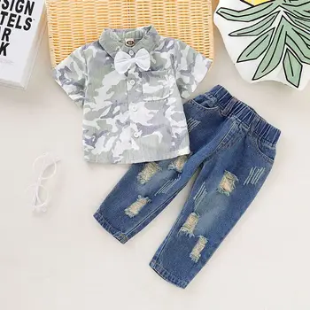 

2019 Summer Baby Boy Short Sleeve Camo Print Shirt Bow Tie Ripped Jeans 2PCS Infant Boys Clothes Set Outfits CORB
