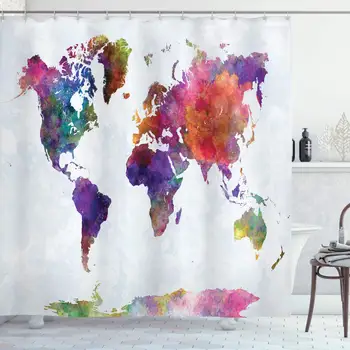 

Watercolor Shower Curtain Multicolored Hand Drawn World Map Asia Europe Africa America Geography Print Cloth Fabric Bathroom
