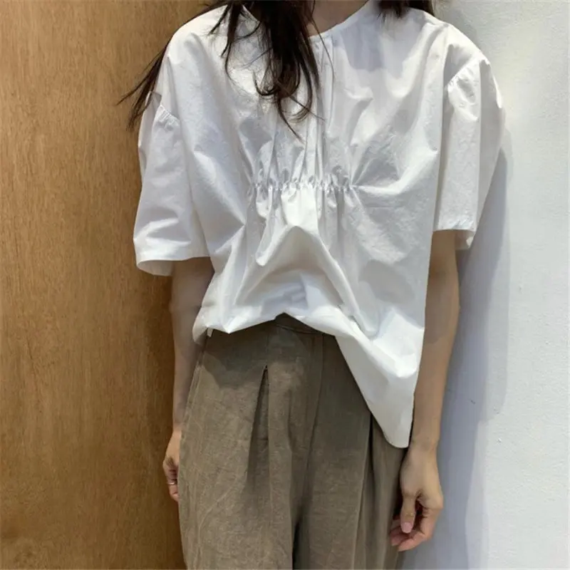 

Alien Kitty Preppy Style Summer Solid Pleated 2019 Chic Casual Hot Selling Fresh Women Students O-Neck Loose Short Sleeves Shirt