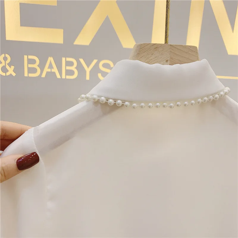 Little Girl's Chiffon Long Sleeve Shirt Autumn New Solid Casual Style Loose Shirt with Pearl Blouse Shirts Elegant