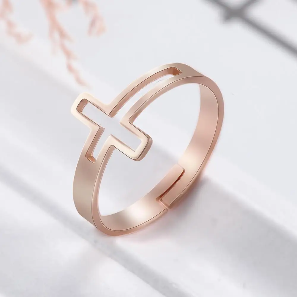 Onefeart Stainless Steel Ring for Women Girls Round Cubic Zirconia Crucifix Couple Ring Rose Gold