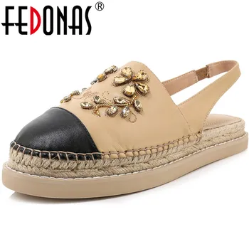 

FEDONAS Rhinestone Fashion Genuine Leather Wedged Plats Round Toe Quality Shoes For Girls Summer Wedding Party Shoes Woman