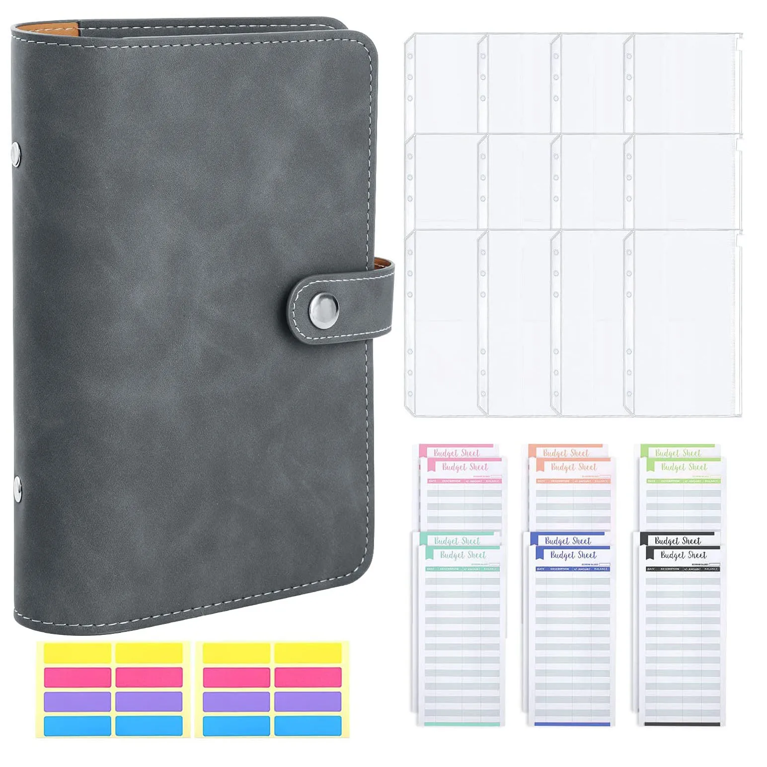 A6 PU Leather Budget Binder Notebook Cash Envelopes Planner Wallet with Binder Pockets, Expense Budget Sheets, for Money Saving 2021 planner refill paper a6 6 hole binder notebook refills for 6 ring refillable binder journal planner organizer with pockets