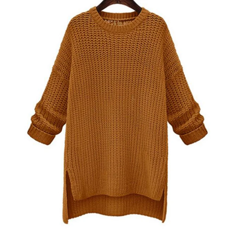 

winter Medium and long section Split ends sweater Womens knitted Long Sleeve solid Tops Blouse Shirt Round neck pullovers s265