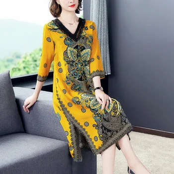 

2020 Free Shipping Fashion Summer Design Color Long Over-the-knee V-neck Silk Dress Summer Mulberry Holiday Beach