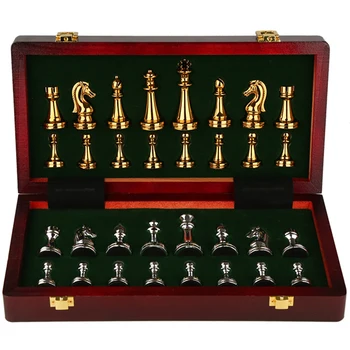

High-end Chess Gift Box Metal Bronze Children's Folding Chessboard Game Dedicated Chess Ornaments