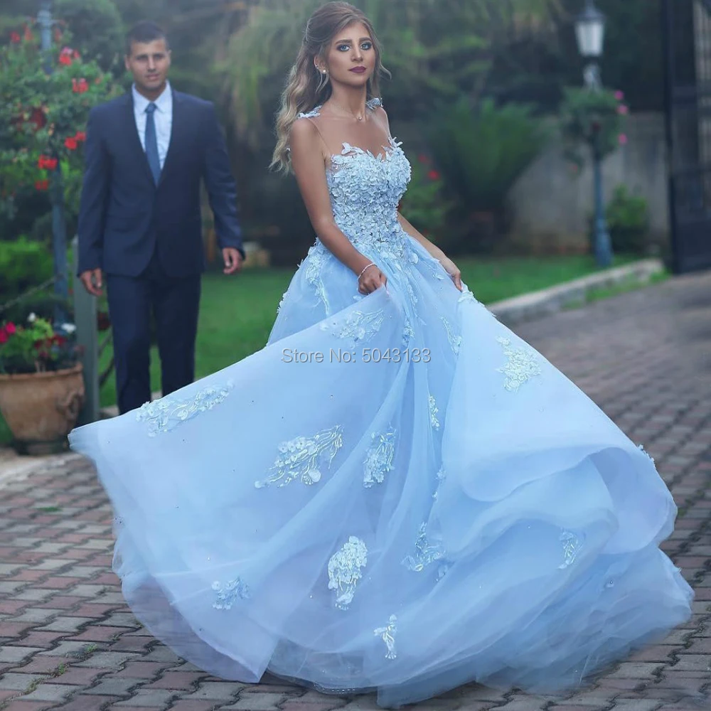 

Chic Light Blue Wedding Dresses 2019 Beaded Applique Flowers O-Neck Sleeveless Wedding Gowns Illusion Back Floor Length Vestidos