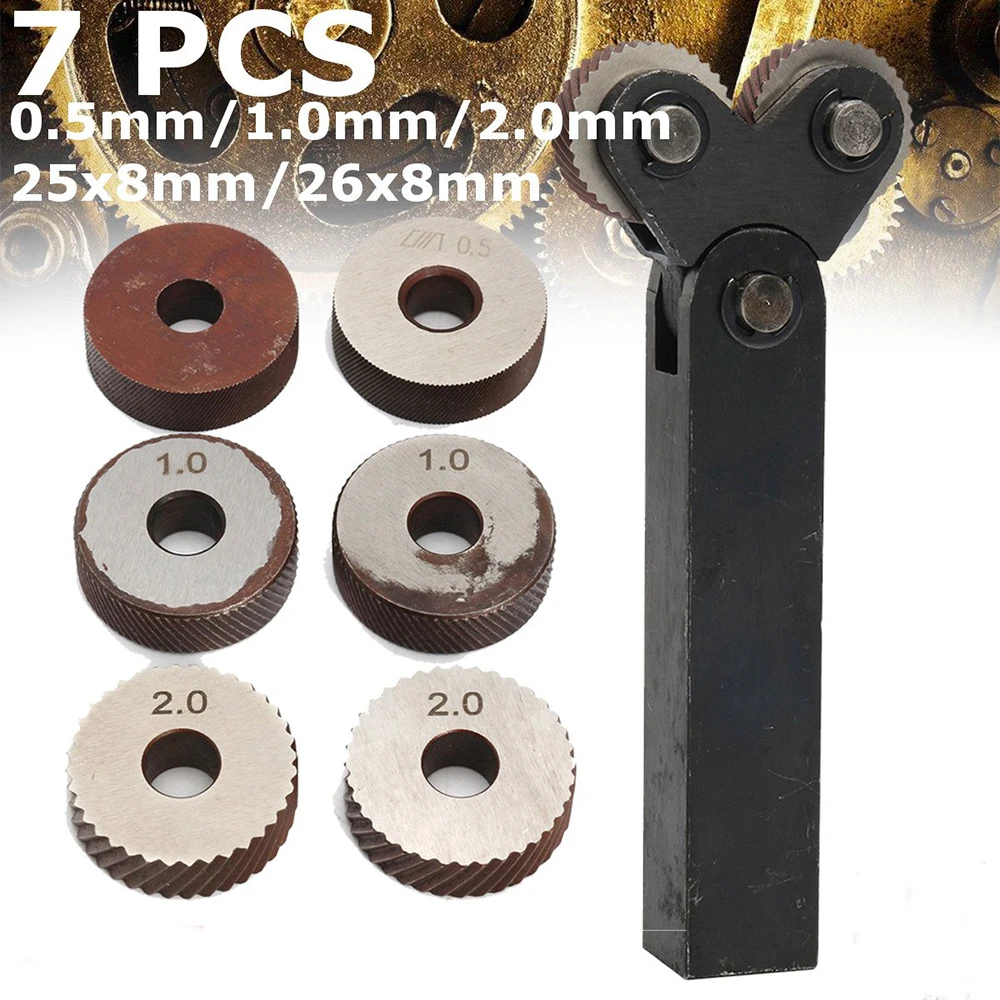  7pcs Steel Dual Wheel Knurling Tool Set with Diagonal Linear Knurl Wheel 0.5mm 1mm 2mm Pitch Linear