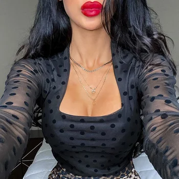 

OMSJ Summer Sexy Black Mesh Polka Dot Bodysuit Long Sleeve Transparent Bondycon Rompers High Street Square Collar Jumpsuit Party