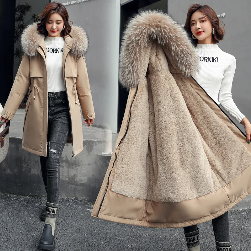 

Long Fur Hooded Parkas 2021 New Winter Jacket Women Big Pocket Adjustable Waist Wool Liner Coat Three Ways To Wear
