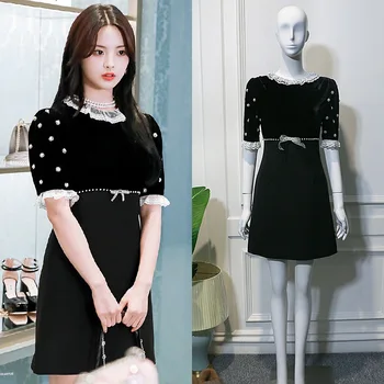 

Autumn summer Black Slim lace round neck tunic midi one piece dress with beads for woman lady