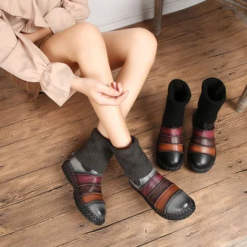 

SONDR sock boots genuine leather snow boots botas mujer invierno 2020 ethnic retro elegant shoes woman lace up sewing schoenen
