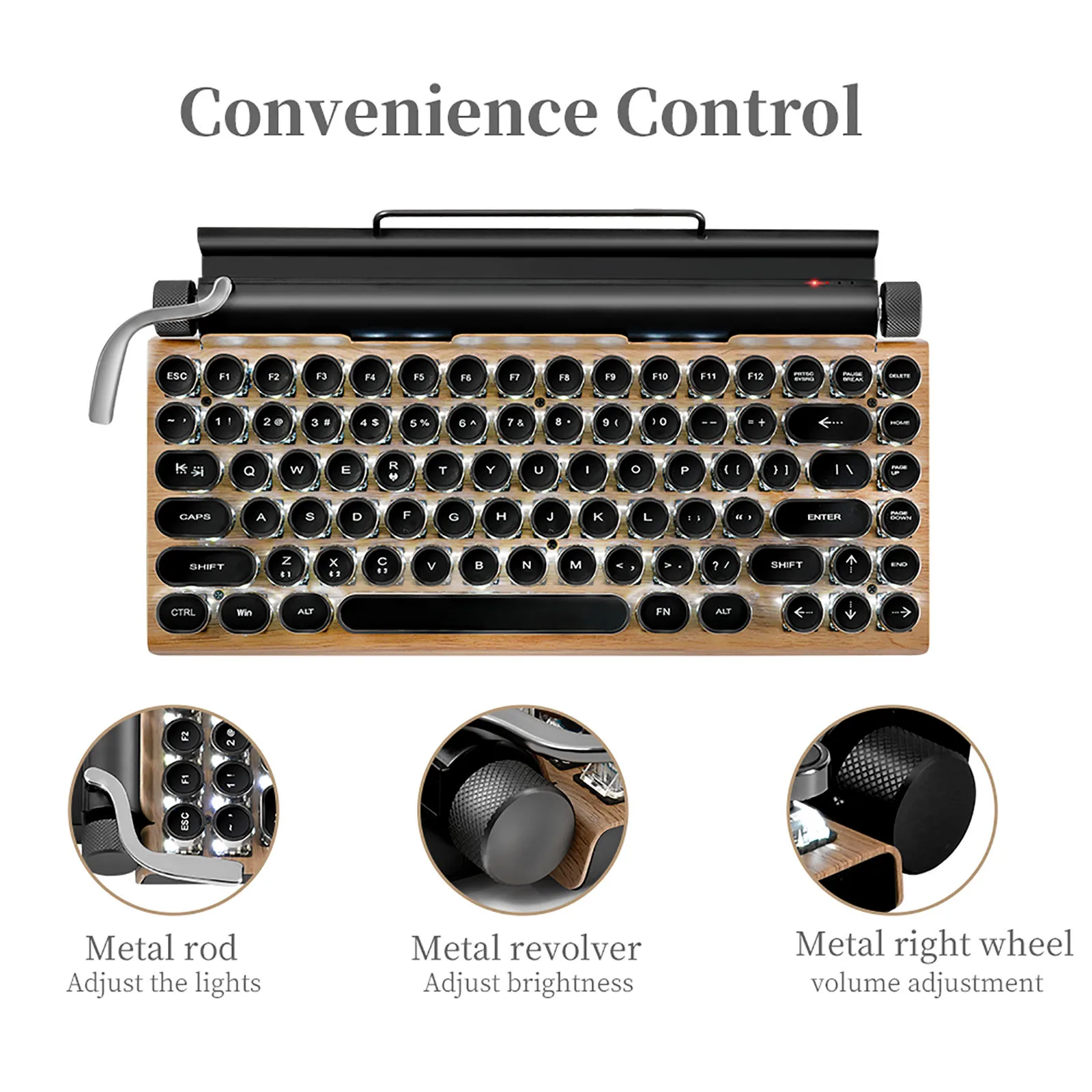 Mechanical Keyboard Wireless Bluetooth Keyboard Retro Typewriter Wood Grain Computer Keyboard 83 Keys Suitable for PC Laptop