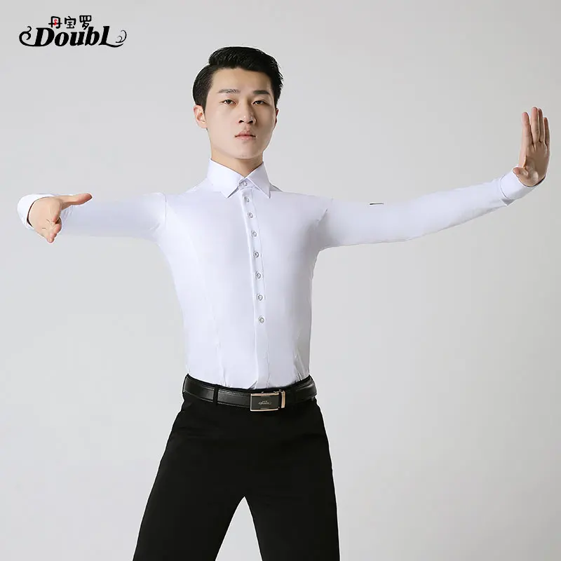 DOUBL Dance Men Latin Ballroom Shirt Male Workout Adult Ballroom Competition White BODY button Dance Stage Performance Clothes
