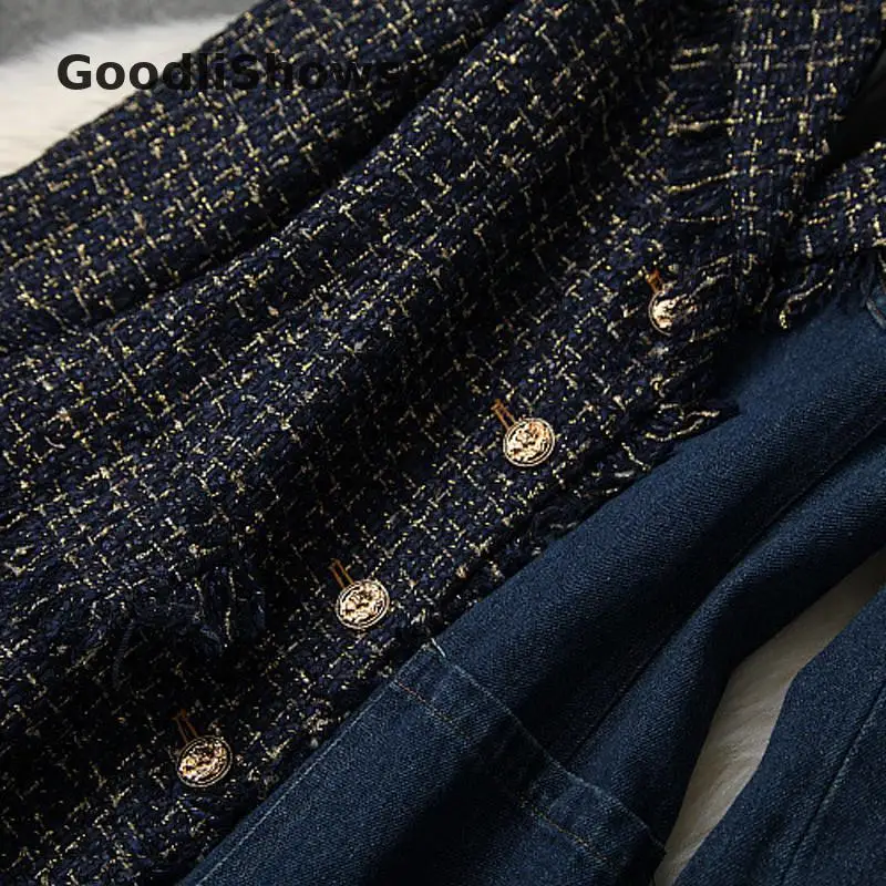 GoodliShowsi, Зимние Модные женские твидовые пальто, джинсовые Лоскутные Hemline однобортные пальто с отворотом и кисточками, верхняя одежда