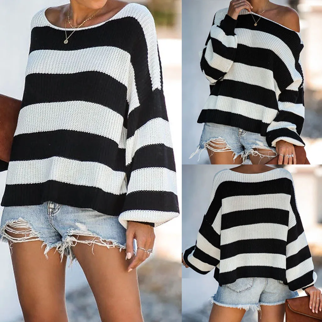 Sweater Women Autumn Winter European American sweaters Curling Round collar Sweater Stripe Knitting Long Sleeve Tops Pull Femme