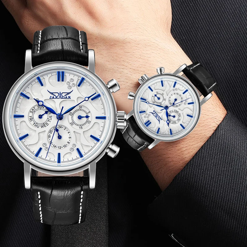 

Jaragar Men's Leather Strap Skeleton Watch Luxury Business Mechanical Clock Multifunctional Waterproof Calendar Men's Watches