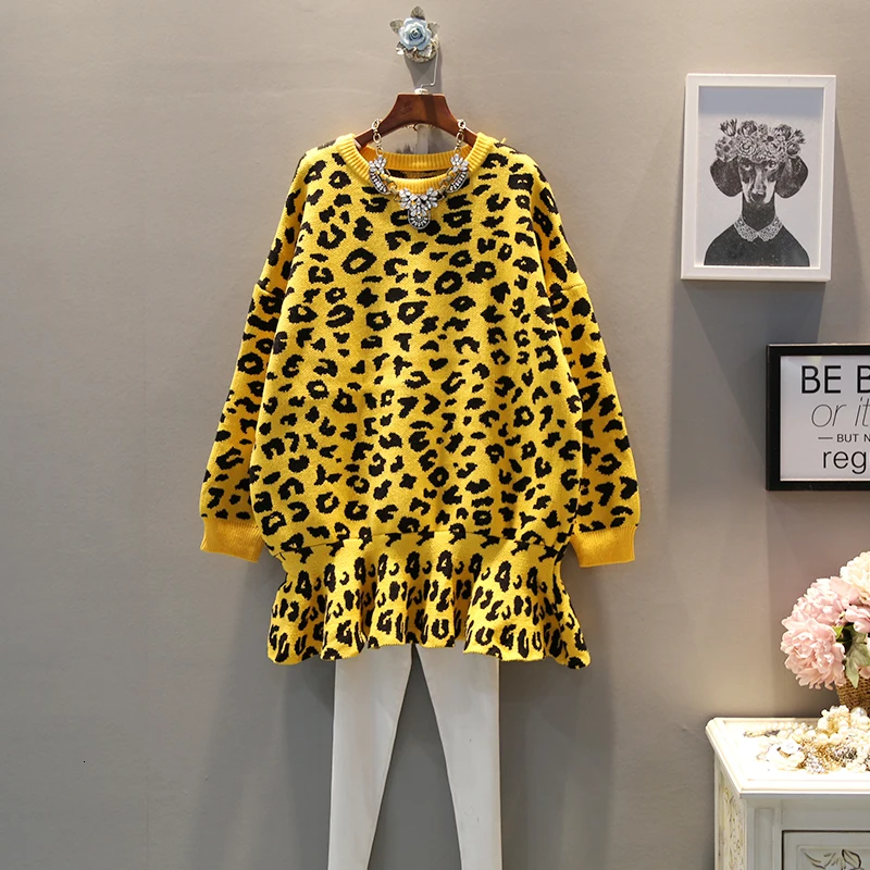 [EWQ] осень зима узор круглый воротник с длинным рукавом Леопардовый лоскутный пуловер винтажное платье для женщин AH77203a - Цвет: yellow