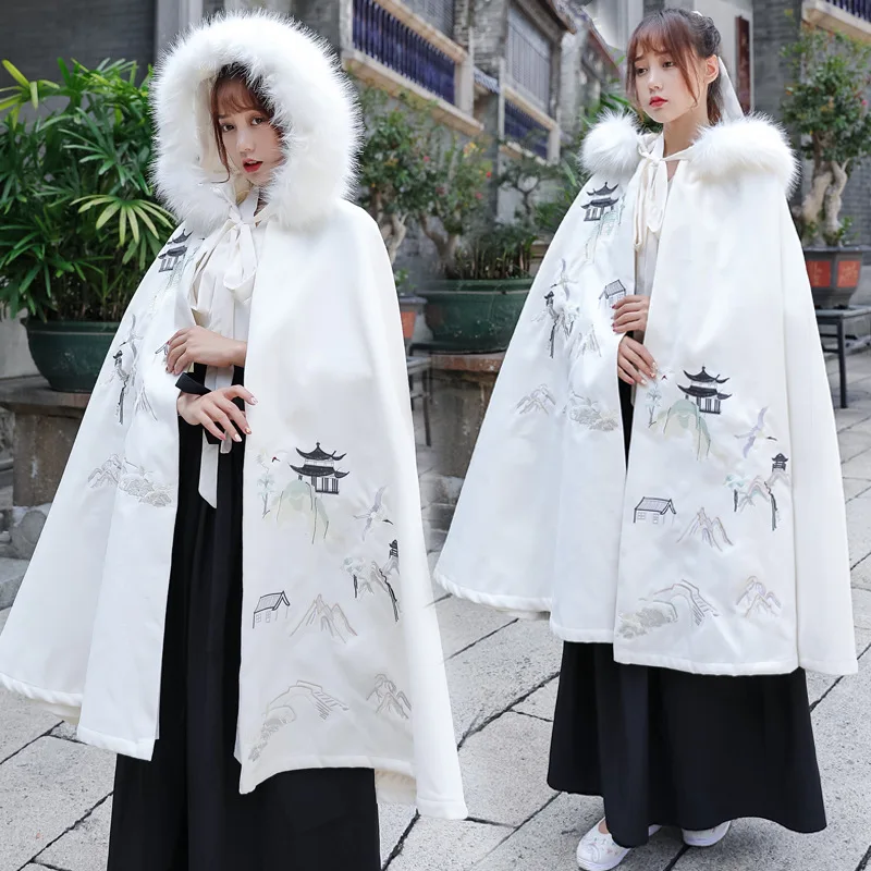 Hanfu Зимний плащ пальто женский древний стиль Китайская традиционная одежда Мужской плащ Ретро фея с капюшоном большой меховой воротник DN4899