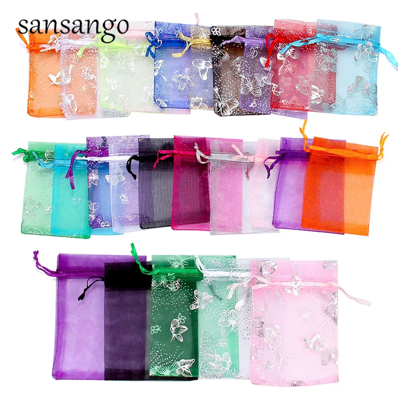 

9x12cm Purple Pink Organza Jewelry Bags Christmas Gift Bags Cheap Organza Silver Butterfly 50pcs/lot Wholesale