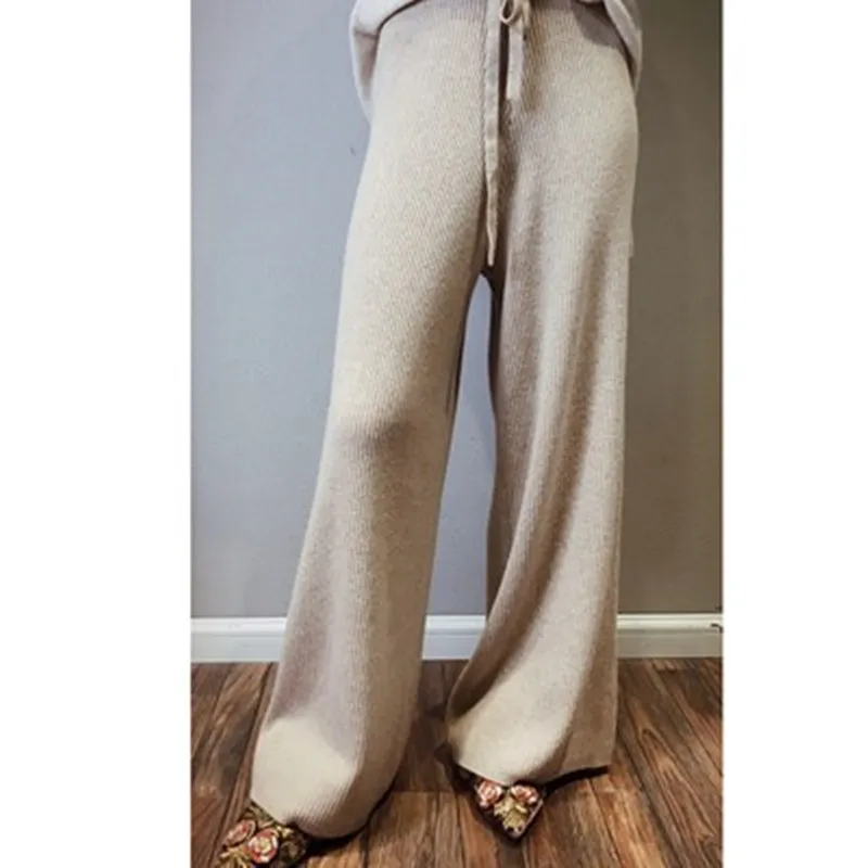 

High waist cashmere wide leg pants women's trousers casual loose wild wool pants autumn and winter knitted wool pants wear