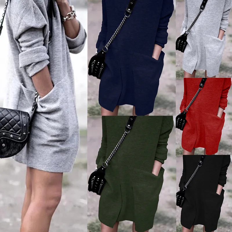 

O-Neck Pocket Long Sleeve Dress Fashion 2019 Autumn Winter Loose Mini Casual Dress Women Black Gray Solid Dress Female Vestidos