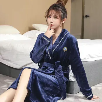 

Thick Nightgown Sleepwear Winter Lovers' Kimono Gown Flannel Robe Casual Bathrobe Loose Coral Fleece Negligee Couple Nightwear